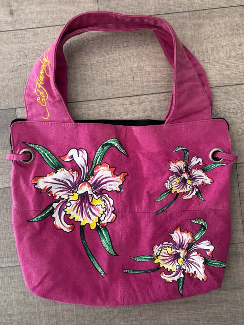 🌸Ed Hardy Floral Canvas Tote Bag – Pink Orchid Graphic🌸